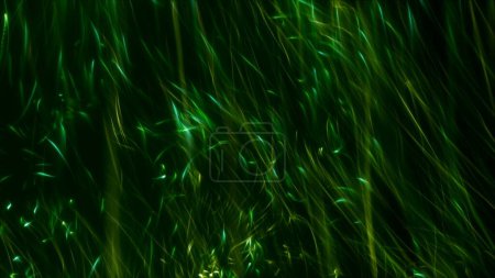 Photo for Neon green swarm of rising glowing particle light streaks. Festive shiny luxury product showcase with soft elegance as futuristic dynamic surreal backdrop. 3D illustration wallpaper background. - Royalty Free Image