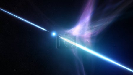 Foto de Pulsar giratorio envuelto en nebulosas que emiten ráfagas de alta energía. Concepto de astronomía del espacio exterior Ilustración 3D que representa destellos de radiación parpadeante de un núcleo de estrella de magnetar o neutrones en gas interestelar. - Imagen libre de derechos