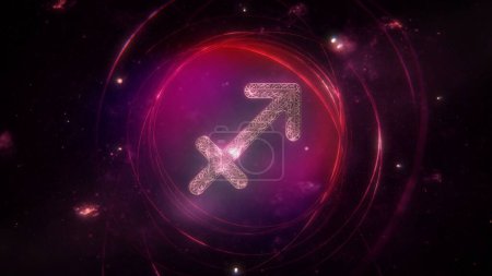 Photo for Sagittarius zodiac sign as golden ornament and rings on purple violet galaxy background. 3D Illustration concept of mystic astrology symbol, social media horoscope calendar banner artwork and copy space. - Royalty Free Image