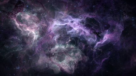 Photo for Distant galaxy star cluster in alien deep space. Science fiction concept 3d illustration of mystery interstellar gas nebula and ethereal magic glowing celestial bodies. Astronomy and cosmos wide shot. - Royalty Free Image