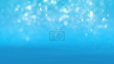 Téléchargez les photos : Abstract blue and white water bokeh glitter ocean background. Concept 3D illustration beauty care and cleaning product packshot. Showcase template backdrop for hydrogen and refreshing nature cosmetics - en image libre de droit