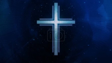 Photo for Futuristic Christian cross in ethereal sparkling blue cyberspace. Concept 3d illustration of Roman Catholic scifi crucifix as religious sign of a modern spirituality and faith in the digital world. - Royalty Free Image