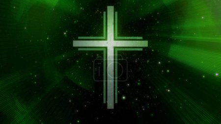 Photo for Futuristic Christian cross in ethereal sparkling green cyberspace loop. Concept 3d animation of Roman Catholic scifi crucifix as religious sign of a modern spirituality and faith in the digital world - Royalty Free Image