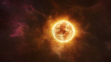 Foto de Protoestrella temprana con nubes de nebulosa en erupción de la superficie del Sol. Estrella de nuestro sistema solar concepto 3D ilustración. Bengalas y eyecciones de masa coronal desencadenan un torrente de gases calientes abrasadores en el espacio. - Imagen libre de derechos