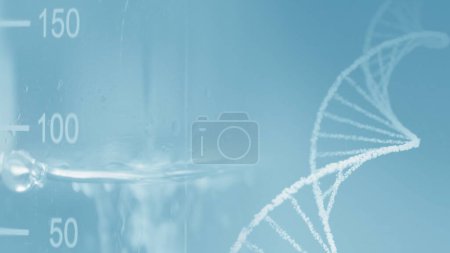 Photo for Blue 3D Illustration background with DNA helix collage and macro laboratory glass beaker. Flask test tube fills with liquid substance. Biochemistry graphic design for product showcase with copy space. - Royalty Free Image