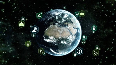 Foto de Tierra en el espacio. Orbitando iconos de la infografía ecológica. Tecnología ambiental y concepto de desarrollo sostenible Ilustración 3D Fondo de energía verde. África y Europa Mapa del mundo suministrado por NASA. - Imagen libre de derechos