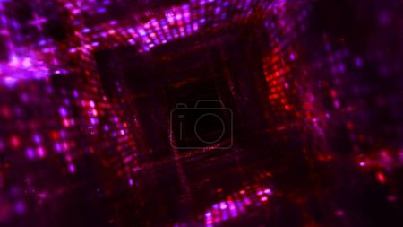 Foto de Túnel de cubos de neón ultravioleta azul rosado futurista. Abstracto 3d ilustración color degradado luces tubo telón de fondo. Página de aterrizaje de diseño de tecnología blockchain Cyberpunk y fondo del escaparate del producto. - Imagen libre de derechos