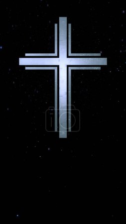 Photo for Futuristic Christian cross in ethereal vertical silver black cyberspace. Concept 3d illustration crucifix. Religious sign for grief and funeral in a modern interpretation of spirituality and faith - Royalty Free Image