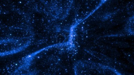 Foto de Fondo azul abstracto futurista brillante estrella cósmica de partículas de polvo. Placa posterior de diseño de ilustración 3D con espacio de copia. Exploración espacial y tecnología escenario telón de fondo con polvo de hadas mágico. - Imagen libre de derechos
