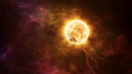 Foto de Sol en erupción caliente envuelto en nubes de nebulosa de plasma de hidrógeno. Joven estrella en el concepto del sistema solar Ilustración 3D. Bengalas y eyecciones de masa coronal desencadenan un torrente de gases brillantes abrasadores en el espacio. - Imagen libre de derechos