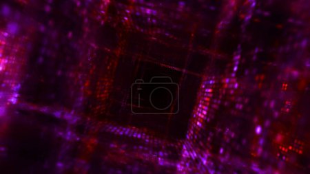 Téléchargez les photos : Futuriste rose bleu ultraviolet néon cubes tunnel. Illustration 3D abstraite couleur dégradé lumières tube toile de fond. Cyberpunk blockchain technologie conception page de destination et fond de vitrine de produits. - en image libre de droit