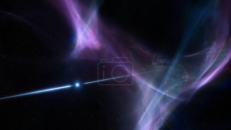 Foto de Pulsar giratorio envuelto en nebulosas que emiten ráfagas de alta energía. Concepto de astronomía del espacio exterior Ilustración 3D que representa destellos de radiación parpadeante de un núcleo de estrella de magnetar o neutrones en gas interestelar. - Imagen libre de derechos