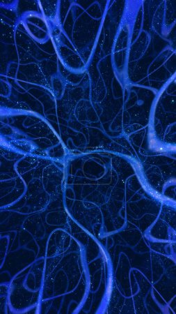 Téléchargez les photos : Résumé Réseau neuronal vertical bleu Noyau cellulaire Fond. Illustration 3D toile de fond avec des particules de paillettes magiques. Science du système nerveux, intelligence artificielle et multivers futuristes - en image libre de droit