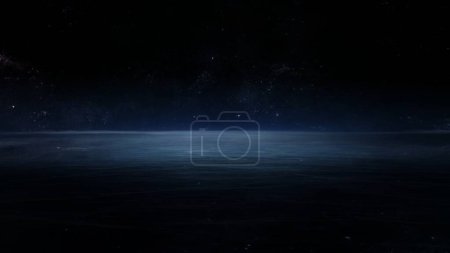 Photo for Fantasy night ocean landscape, starry sky with interstellar space. Fog and light reflection on calm sea in dark seascape. Concept 3D illustration of the horizon on a sci-fi water planet and star field - Royalty Free Image
