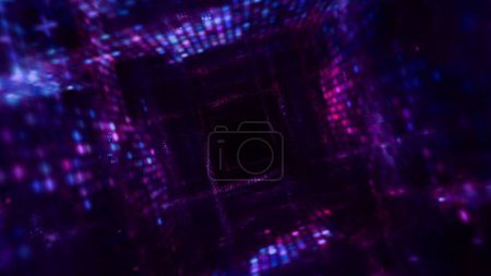 Téléchargez les photos : Futuriste violet bleu ultraviolet néon cubes tunnel. Illustration 3D abstraite couleur dégradé lumières tube toile de fond. Cyberpunk blockchain technologie conception page de destination et fond de vitrine de produits. - en image libre de droit
