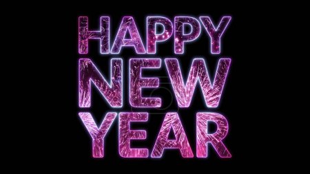 Foto de Señal aislada de "Feliz Año Nuevo" en forma de brillantes fuegos artificiales de colores brillantes de color púrpura y rosa. Concepto de ilustración 3D para las letras festivas de la fiesta de Año Nuevo. - Imagen libre de derechos