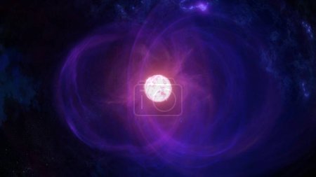 Foto de Super masiva estrella blanca erupción de erupciones solares. Ilustración 3D concepto de sol alienígena gigante contra la nebulosa espacial de materia oscura hostil púrpura y negra. Explosión hiperrealista de plasma de supernova celestial. - Imagen libre de derechos