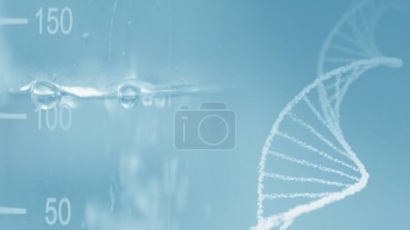 Photo for Blue 3D Illustration background with DNA helix collage and macro laboratory glass beaker. Flask test tube fills with liquid substance. Biochemistry graphic design for product showcase with copy space. - Royalty Free Image