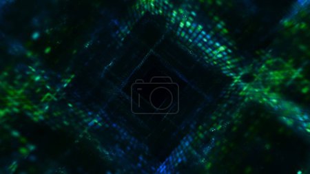 Téléchargez les photos : Futuriste vert foncé et bleu abstrait illuminé fond carré tunnel cube. Cyberspace arcade et technologie blockchain corridor d'illustration 3D 4K pour les visuels club et vitrine de la technologie. - en image libre de droit