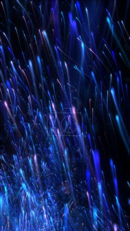 Téléchargez les photos : Un essaim violet bleu de rayures lumineuses de particules montantes. Cyberespace surréaliste et concept énergétique de l'intelligence artificielle et de la texture de la science du plasma. Fond d'écran illustration 3D verticale. - en image libre de droit