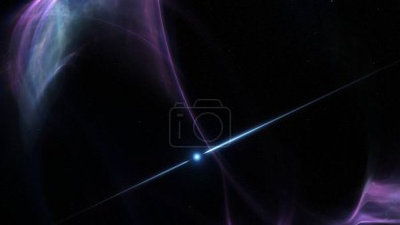 Foto de Concepto de púlsar giratorio en nebulosa espacial que emite ráfagas de rayos gamma de alta energía. Ilustración en 3D de un disparo en pista que representa destellos de radiación parpadeantes de un núcleo de estrella de magnetar o neutrones en gas interestelar. - Imagen libre de derechos