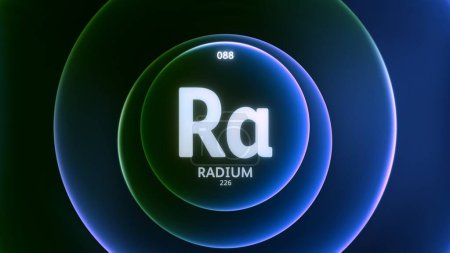Téléchargez les photos : Radium comme élément 88 du tableau périodique. Illustration conceptuelle sur fond de boucle sans couture abstraite anneaux dégradés bleus verts. Conception de titres pour le contenu scientifique et l'affichage de vitrine infographique. - en image libre de droit