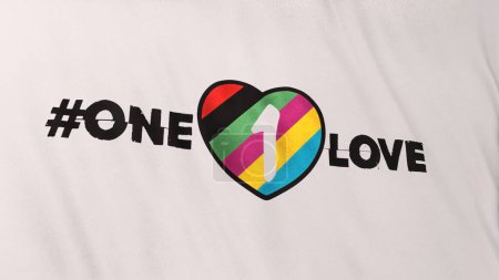 Foto de Símbolo de etiqueta "One Love" y el icono del corazón de color arco iris en el fondo de la bandera ondulada blanca. Ilustración 3D de LGBT transgénero gay, inclusión de derechos queer en el fútbol mundial, campeonato de fútbol. - Imagen libre de derechos
