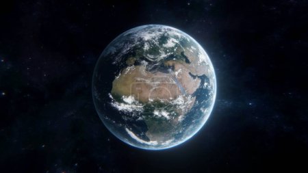Foto de Tierra en el espacio. Fondo de pantalla planeta azul con Europa y África. Ilustración 3D de Globe sobre fondo de campo estelar con cielo estrellado en el espacio interestelar. Elementos de esta imagen proporcionados por la NASA. - Imagen libre de derechos