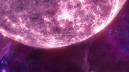 Téléchargez les photos : Super massive étoile blanche éruption solaire gros plan. Concept d'illustration 3D du soleil extra-terrestre géant. Nébuleuse de matière noire hostile violette et noire. Éclatement de plasma supernova céleste hyperréaliste. - en image libre de droit