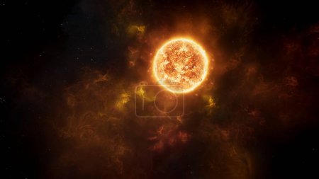 Foto de Estrella de nuestro sistema solar Ilustración 3D amplia toma. Gases de nebulosas en erupción desde la superficie del Sol. Las llamaradas solares de energía caliente y las eyecciones de masa coronal desatan un torrente de gases calientes abrasadores en el espacio. - Imagen libre de derechos