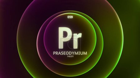 Photo for Praseodymium as Element 59 of the Periodic Table. Concept illustration on abstract green purple gradient rings seamless loop background. Title design science content and infographic showcase display. - Royalty Free Image