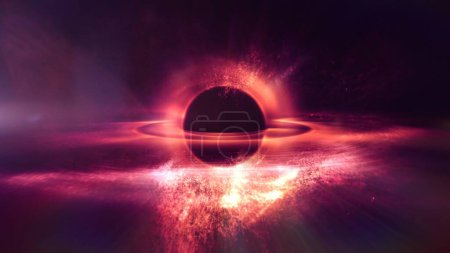 Téléchargez les photos : Trou noir supermassif interstellaire artistique dans l'espace. Concept d'astronomie illustration 3D. Particules mystérieuses en orbite et disque d'accrétion de vortex déformant l'horizon d'événements du temps et de la gravité. - en image libre de droit
