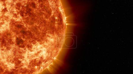 Photo for Earth's sun in outer space. Artistic concept 3D illustration as close shot of the solar surface with powerful bursting flares and star protuberances erupting with magnetic storms and plasma flashes. - Royalty Free Image