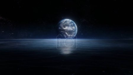 Foto de La Tierra se eleva sobre el océano de Júpiter Luna Europa con agua líquida. Concepto ficticio Ilustración 3D que representa la búsqueda de la vida en el espacio o terraformación futura. Calmado y etéreo telón de fondo de ciencia ficción. - Imagen libre de derechos