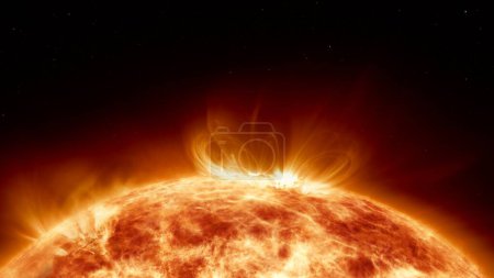 Photo for Earth's sun in outer space. Artistic concept 3D illustration as lower third shot of solar surface with powerful bursting flares and star protuberances erupting with magnetic storms and plasma flashes. - Royalty Free Image