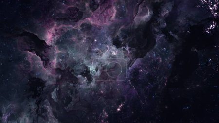 Téléchargez les photos : Mystique amas d'étoiles galactiques hostiles dans l'espace lointain extraterrestre. Concept de science-fiction illustration de nébuleuse interstellaire infinie de gaz et de corps célestes cosmiques rayonnant dans l'éternité. Vue d'ensemble de la crainte cosmique - en image libre de droit
