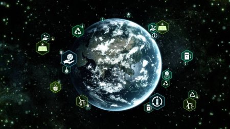 Téléchargez les photos : Earth in Space and orbiting ecology infographic icons. Technologie environnementale et concept de développement durable Illustration 3D fond d'énergie verte. Carte du monde de l'Asie fournie par la NASA. - en image libre de droit