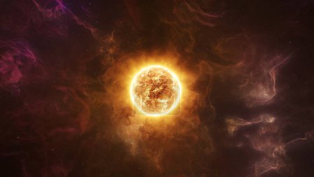 Früher Protostern mit aufbrechenden Nebelwolken auf der Sonnenoberfläche. Star unseres Sonnensystemkonzepts 3D-Illustration. Fackeln und koronale Massenauswürfe entfesseln einen Strom glühend heißer Gase ins All.