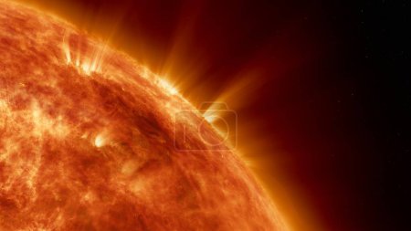 Téléchargez les photos : Le soleil de la Terre dans l'espace lointain. Concept artistique Illustration 3D en gros plan de la surface solaire avec de puissantes éruptions de fusées éclairantes et des protubérances étoilées éclatant avec des tempêtes magnétiques et des éclairs de plasma. - en image libre de droit