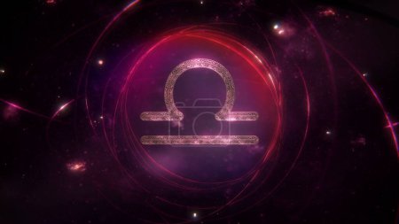 Photo for Libra zodiac sign as golden ornament and rings on purple violet galaxy background. 3D Illustration concept of mystic astrology symbol, social media horoscope calendar banner artwork and copy space. - Royalty Free Image