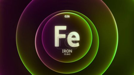 Photo for Iron as Element 26 of the Periodic Table. Concept illustration on abstract green purple gradient rings seamless loop background. Title design for science content and infographic showcase display. - Royalty Free Image