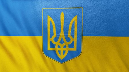 Foto de Bandera de Ucrania con escudo de armas heráldica presidencial y militar "Tryzub" -Trident símbolo como símbolo icónico halcón de la Santísima Trinidad. Ilustración 3D banner patriótico nacional de Ucrania en Europa. - Imagen libre de derechos