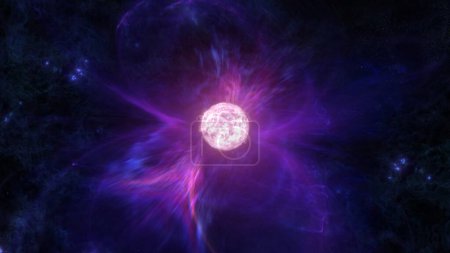 Photo for Super massive white star erupting solar flares. 3D illustration concept of giant alien sun against purple and black hostile dark matter space nebula. Hyperrealistic celestial supernova plasma burst. - Royalty Free Image