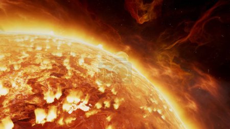 Foto de Estrella de nuestro sistema solar Ilustración 3D de plano cerrado. Gases de nebulosas en erupción desde la superficie del Sol. Las llamaradas solares de energía caliente y las eyecciones de masa coronal desatan un torrente de gases calientes abrasadores en el espacio. - Imagen libre de derechos