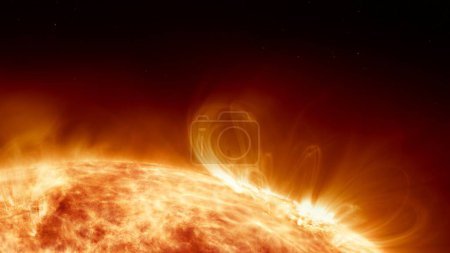 Earth's sun in outer space. Artistic concept 3D illustration as lower third shot of solar surface with powerful bursting flares and star protuberances erupting with magnetic storms and plasma flashes.