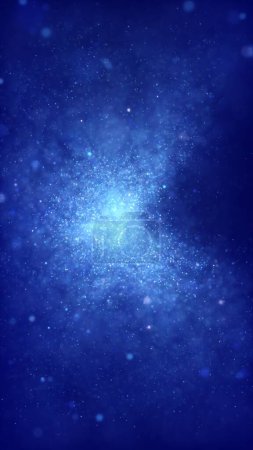 Téléchargez les photos : Un essaim abstrait de particules d'étoiles de flottabilité liquide bleues. Élégantes lumières cosmiques festives fond d'illustration 3D. Vertical magie vacances toile de fond et scintillement poussière de fée ralenti fond d'écran. - en image libre de droit