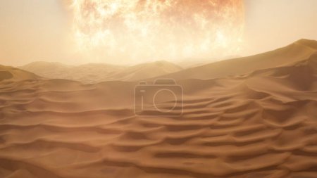 Téléchargez les photos : Soleil au-dessus de la surface désertique de la planète des dunes avec une chaleur extrême hostile et aride. Concept Illustration 3D de la Terre menacée d'extinction par une supernova solaire géante rouge. fictif brûlé sec chaud sécheresse alien monde. - en image libre de droit