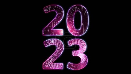 Téléchargez les photos : Isolé "2023" signe façonné par lumineux néon coloré rougeoyant bleu violet et rose feux d'artifice. Concept Illustration 3D pour les invitations au réveillon du Nouvel An. Superposition festive sur fond noir. - en image libre de droit