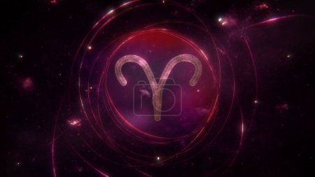 Foto de Signo del zodíaco de Aries como adorno dorado y anillos sobre fondo de galaxia violeta púrpura. Ilustración 3D concepto de símbolo de astrología mística, horóscopo de medios sociales calendario banner ilustraciones y espacio de copia. - Imagen libre de derechos