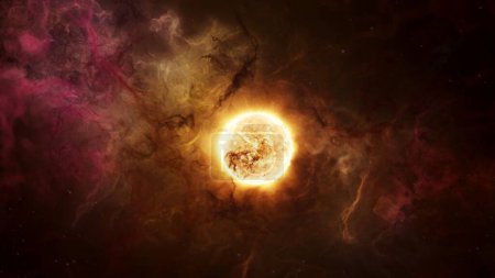 Téléchargez les photos : Soleil en éruption chaude enveloppé dans les nuages de nébuleuse de plasma d'hydrogène. Jeune étoile dans le système solaire concept illustration 3D. Les fusées éclairantes et les éjections massives coronaires libèrent un torrent de gaz lumineux brûlants dans l'espace. - en image libre de droit